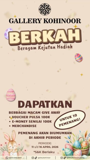 🎉 ROAD TO 200K FOLLOWERS GIVEAWAY! 🎉
Terima kasih sudah jadi bagian dari perjalanan @gallerykohinoor 💛
Sebagai bentuk apresiasi, kita mau bagi-bagi hadiah special buat kalian semua!
Cara ikutannya gampang banget, cukup:
PERSYARATAN :
1️⃣ Follow akun @gallerykohinoor @gallerykohinooryoung @gkfest_
2️⃣ Like postingan giveaway ini ❤️
3️⃣ Comment jawaban sesuai tema di postingan
4️⃣ Tag minimal 3 teman aktif (boleh lebih biar peluang makin besar 😉)
5️⃣ Pastikan akun kamu tidak di-private saat pengumuman pemenang
🏆 KETENTUAN PEMENANG
🥇 3 pemenang dipilih dari jumlah like komentar terbanyak
🎲 4 pemenang dipilih secara acak dari jawaban yang benar
📝 3 pemenang dipilih dari komentar yang paling menarik
Semakin niat jawabnya, semakin besar peluang menang! 😆
Yuk bantu kita tembus 200K followers dan jadi salah satu pemenangnya! 🚀
📢 Pemenang akan diumumkan di akhir periode yaitu pada tanggal 16 April 2026 di @gallerykohinoor
#RoadTo200K #gallerykohinoor #tokoemasbali #giveaway #goldjewellry